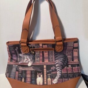 Charming Cat Print Tote Bag - Brown